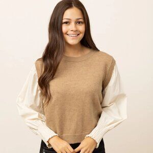 Grace & Emma - Tan Sweater Vest with Cream Sleeves - 2X